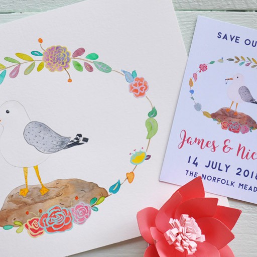 Save the date with seagull illustration