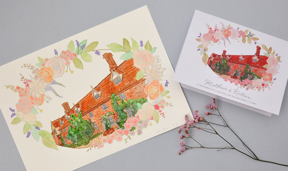 Hales Hall & The Great Barn wedding invitation