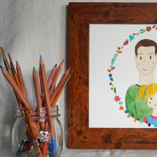 Framed watercolour portrait of the Kula family