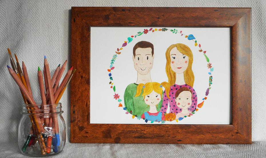 Framed watercolour portrait of the Kula family