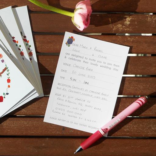 Ready-to-Write Lovebirds wedding invitations being handwritten