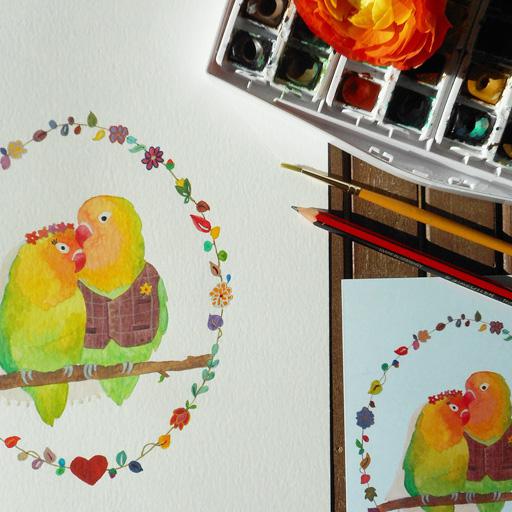 Ready-to-Write original Lovebirds watercolour wedding illustration
