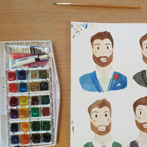 Four brides and four grooms watercolour portraits process